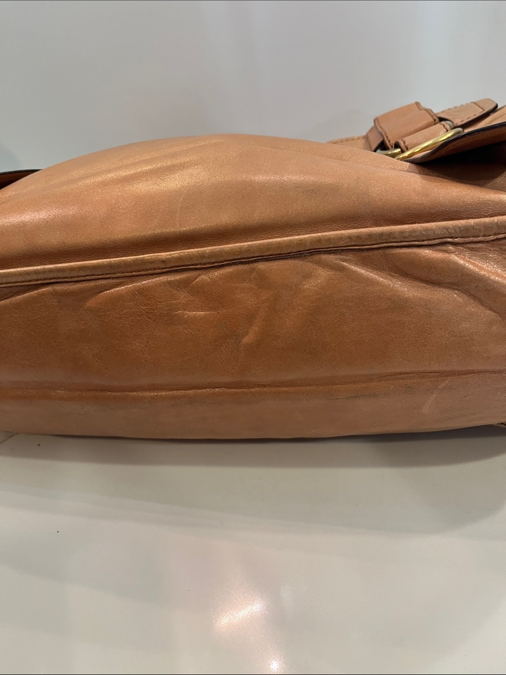 Chloe Leather Camel Shoulder Bag with Double Buckle Detail. Made in Italy. Roomy - Picture 4 of 16